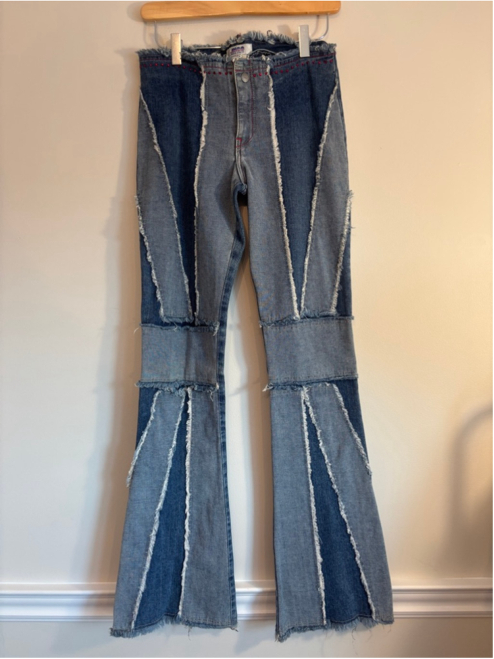 Vintage JNCO Blue Patchwork Union Jack Flare Jeans Size 7 Rare